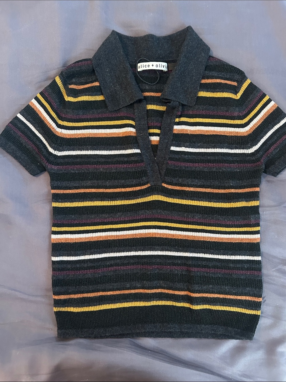 Alice + Olivia Dark Gray Striped Knit Polo with Multicolor Bands